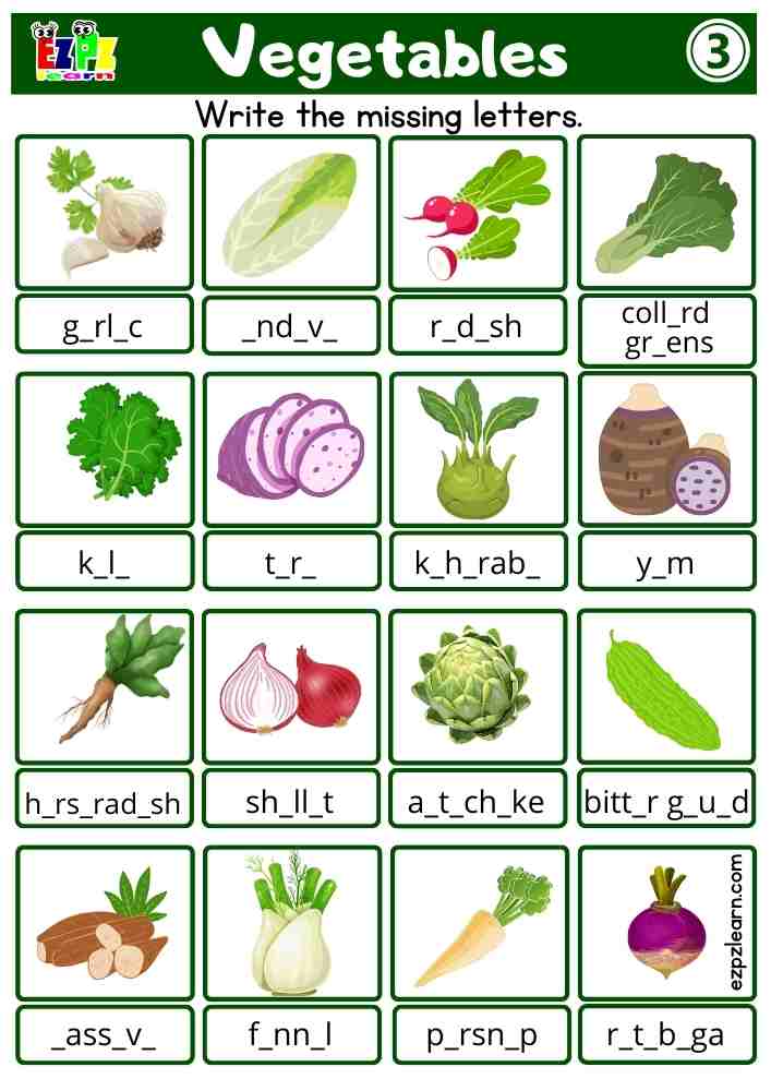 Vegetables Fill-in-the-Blanks Worksheet – Look at the Images and Complete the Words (Free PDF Download) Set 3